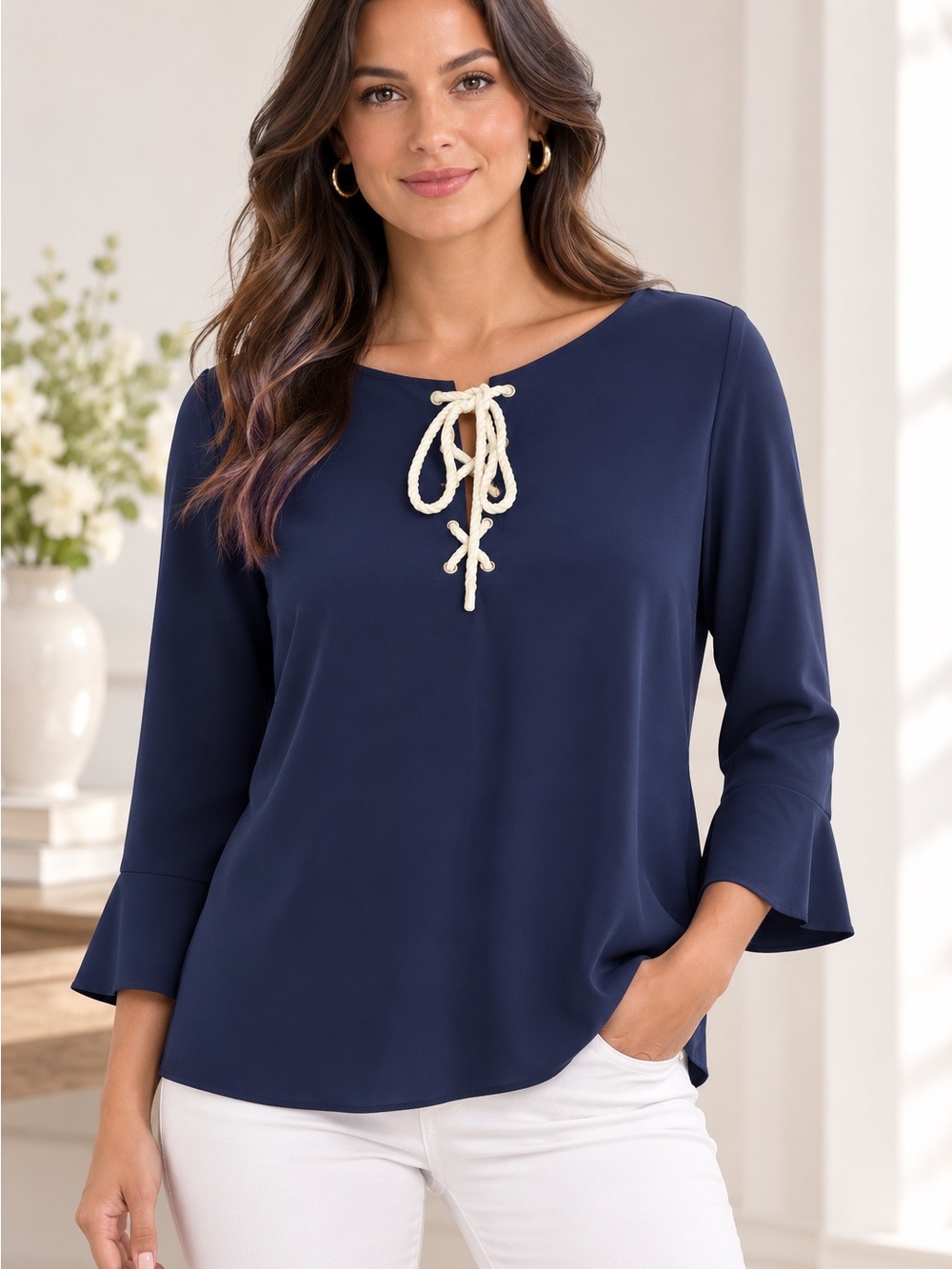 Tommy Hilfiger Blue Lace-Up Back Bell Sleeve Blouse Top Size Small S